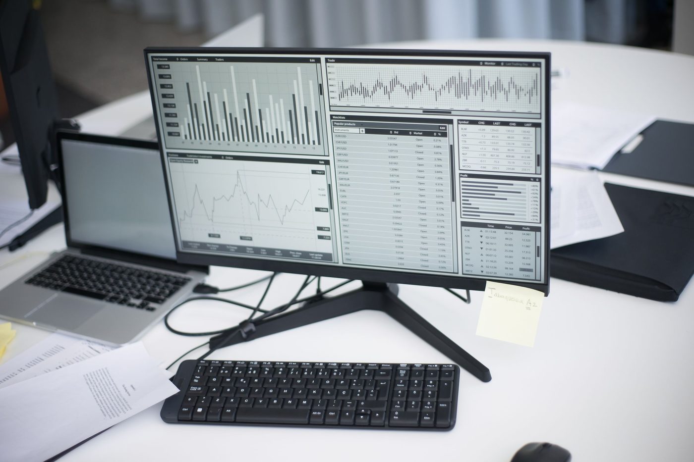 Screens of data on a desk