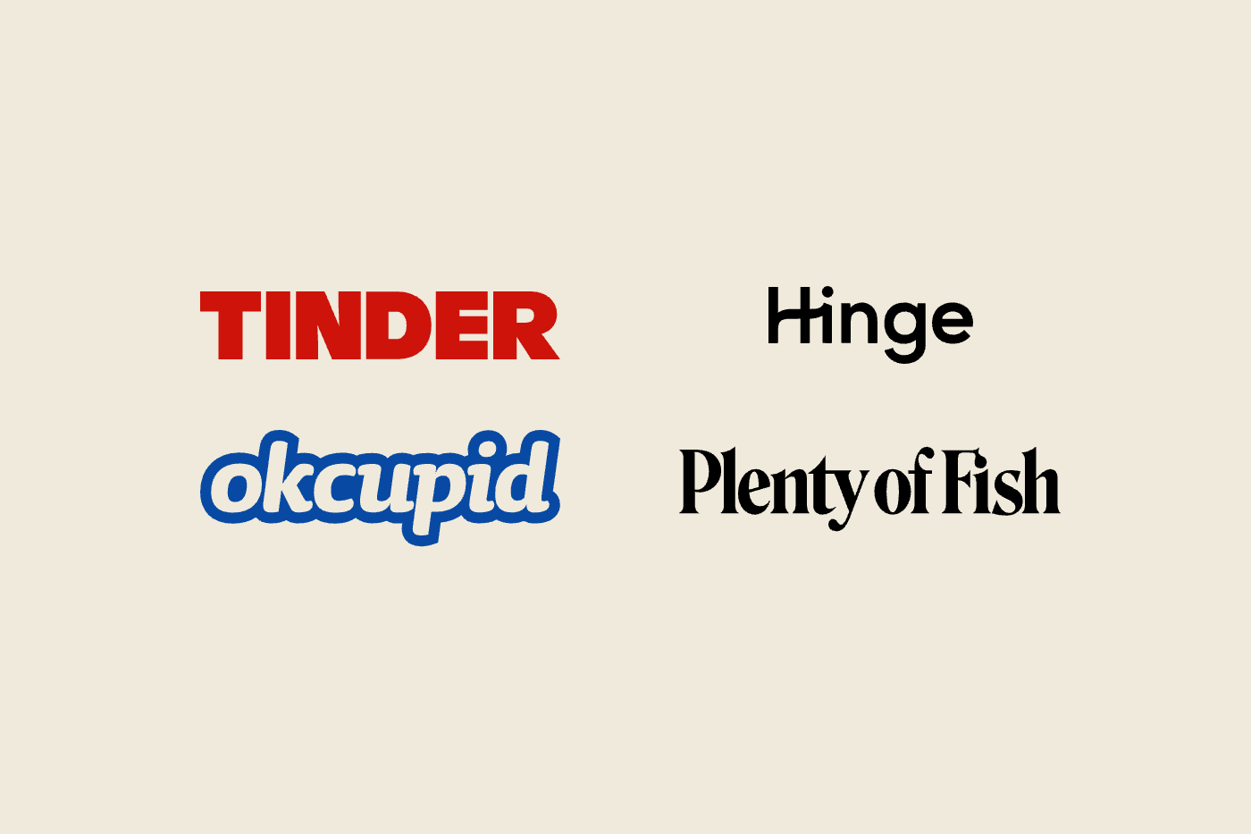 The Tinder, Hinge, OkCupid and Plenty of Fish logos together