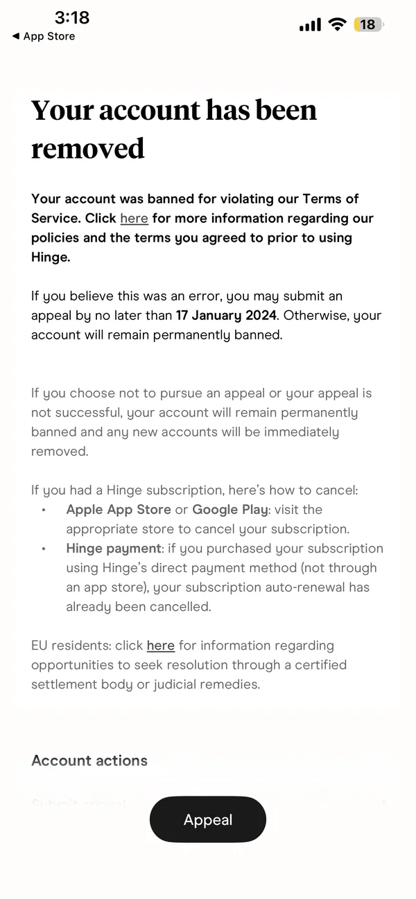 Hinge screen headed Your account has been removed, saying the account will remain permanently banned and any new accounts will be immediately removed
