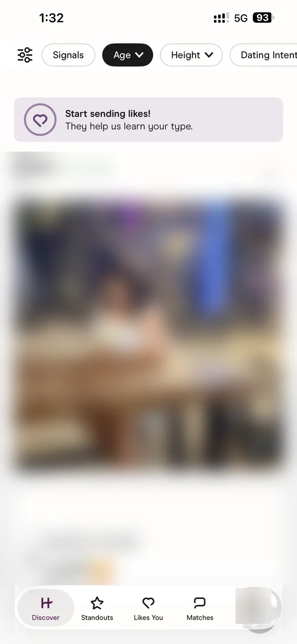 Inside the Hinge app on the Discover tab, with the other member’s profile blurred
