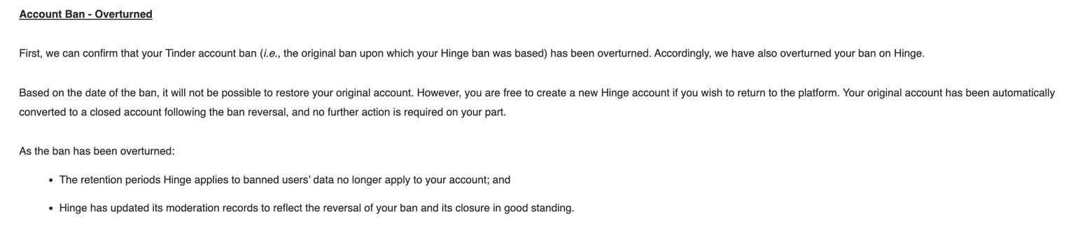 Hinge Trust and Safety email headed Account Ban, Overturned, confirming the Tinder ban and the Hinge ban were both overturned