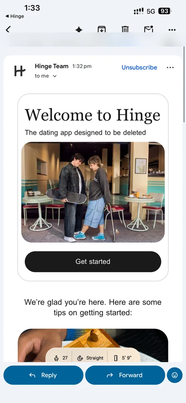 Hinge’s Welcome to Hinge email, with the recipient’s name blurred