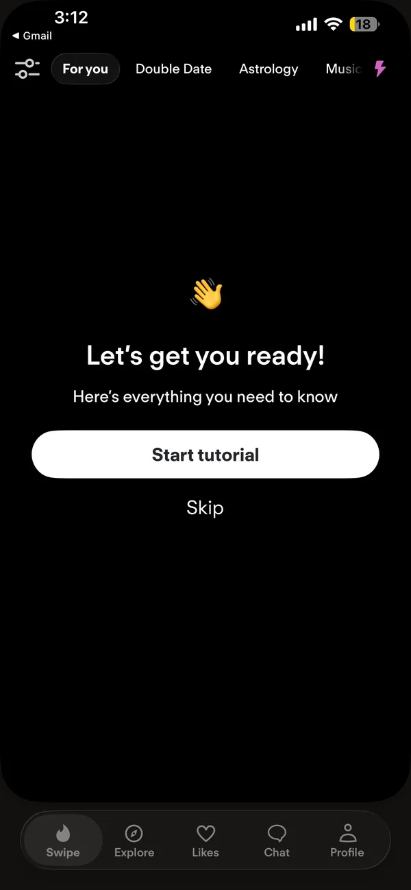 Inside the Tinder app on the For you tab, with the Let&rsquo;s get you ready screen