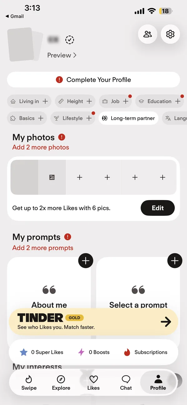 The new Tinder profile page, with the first name blurred