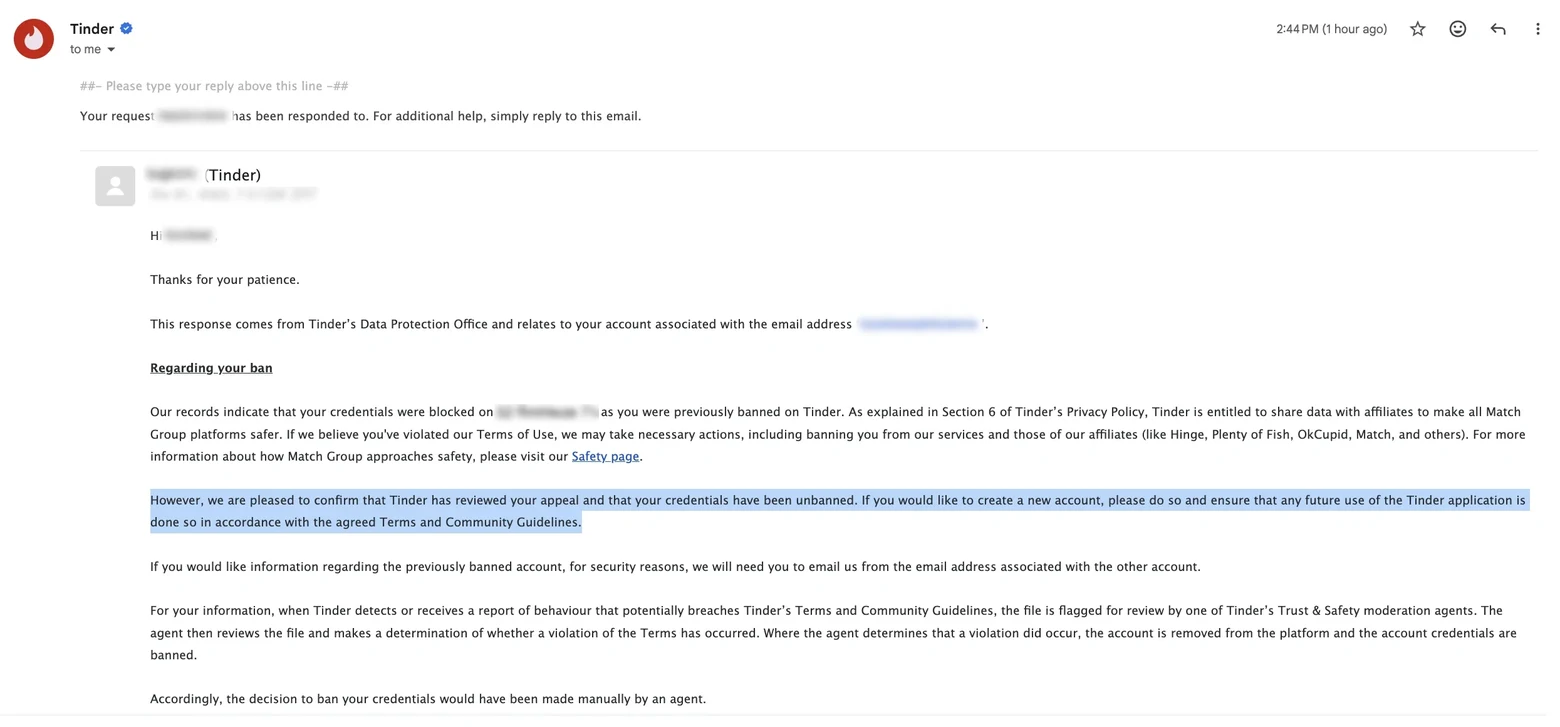 Tinder&rsquo;s Data Protection Office email confirming the credentials have been unbanned, with personal details blurred