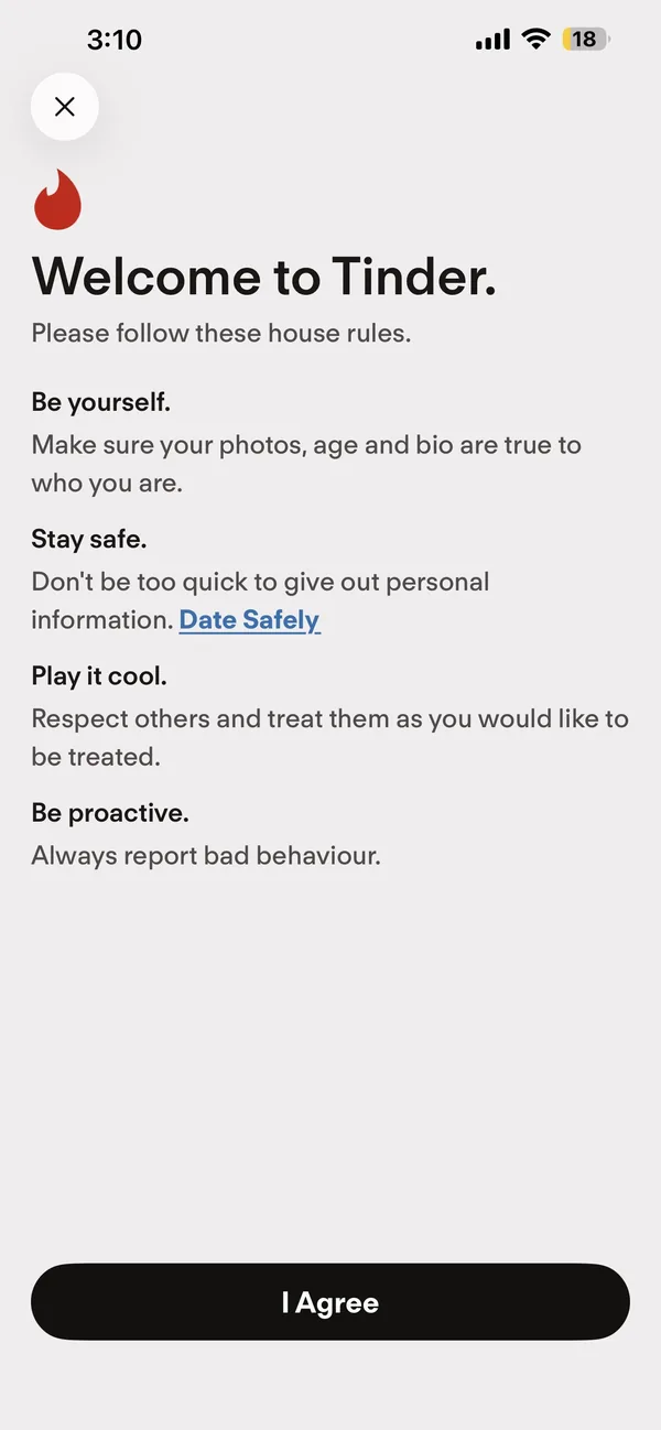 Tinder’s Welcome to Tinder house rules screen