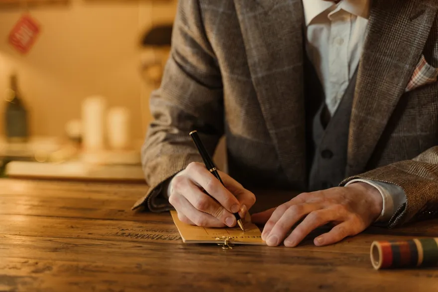 A man in a tweed jacket writing by hand at a wooden table in warm light